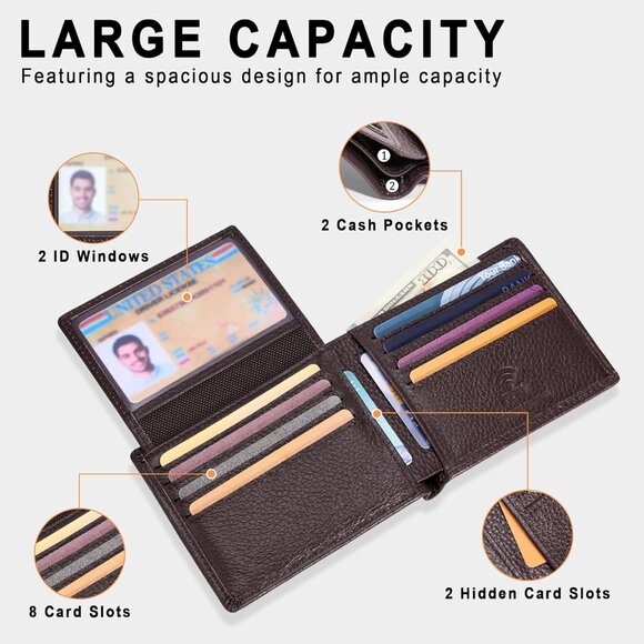 ⚡Travelambo Men Lychee Brown Genuine Leather Handmade Bifold Stylish Wallets - Picture 5 of 9